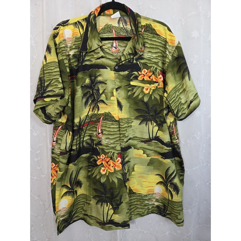 King‎ Kameha Green Hawaiin Shirt Island Palm Trees Ocean XL